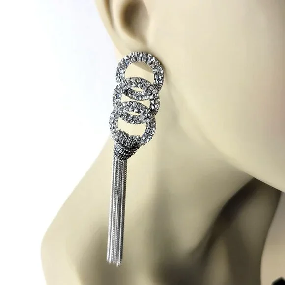 Long Rhinestone Tassel Earrings - Picture 1 of 11